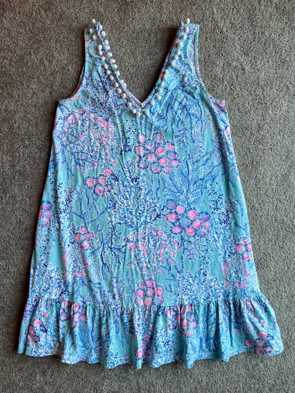 Lilly Pulitzer Aqua Floral V-Neck Dress with Pom Trim